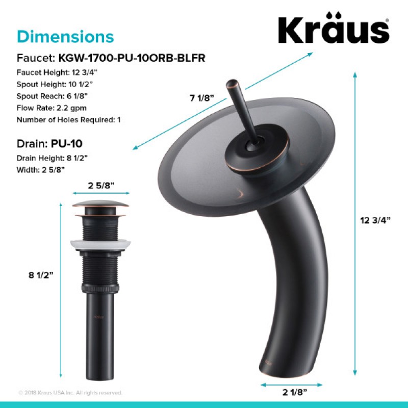 KRAUS Tall Waterfall Bathroom Faucet for Vessel Sink with Frosted Black Glass Disk and Pop-Up Drain, Oil Rubbed Bronze Finish