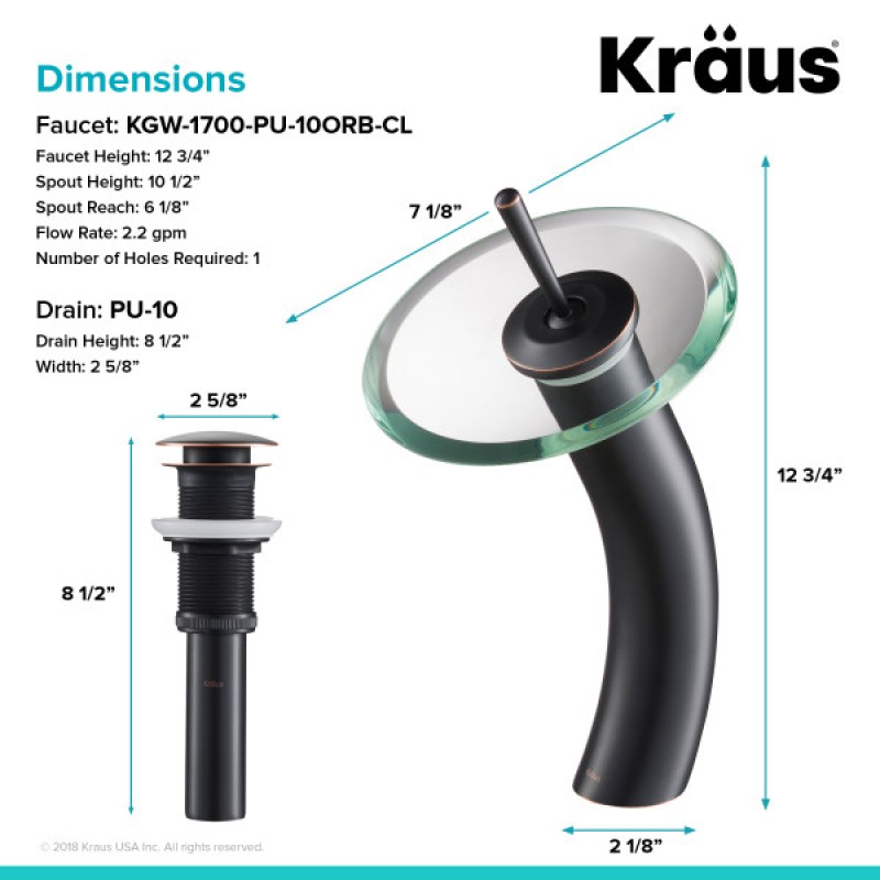 KRAUS Tall Waterfall Bathroom Faucet for Vessel Sink with Clear Glass Disk and Pop-Up Drain, Oil Rubbed Bronze Finish