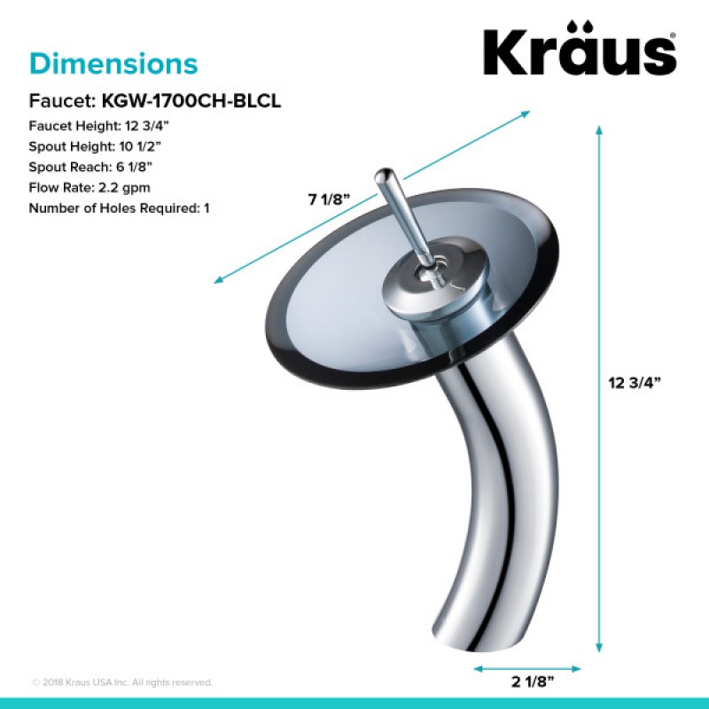 KRAUS Tall Waterfall Bathroom Faucet for Vessel Sink with Clear Black Glass Disk, Chrome Finish