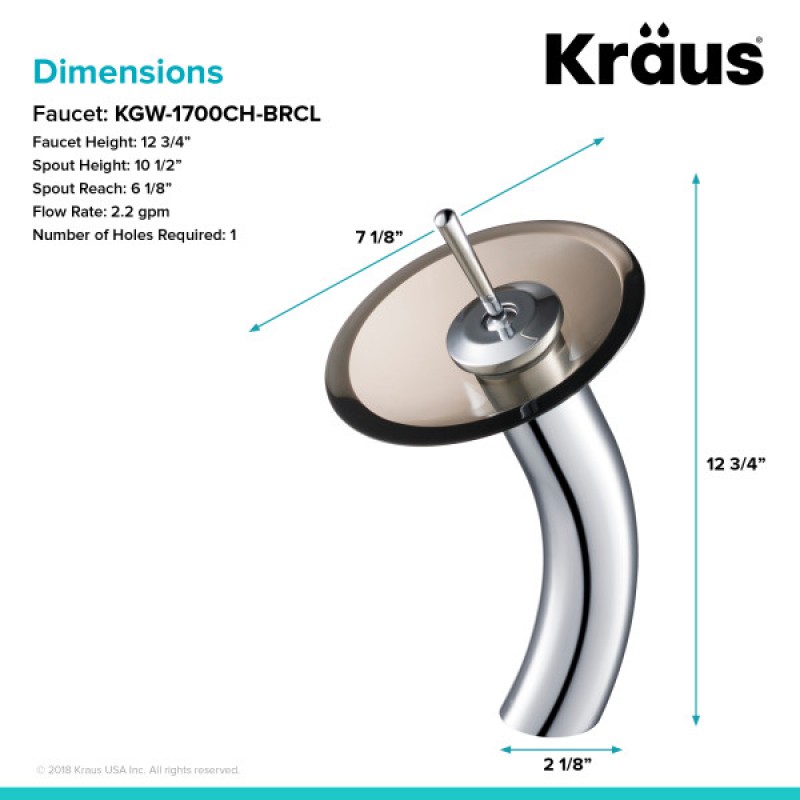 KRAUS Tall Waterfall Bathroom Faucet for Vessel Sink with Clear Brown Glass Disk, Chrome Finish