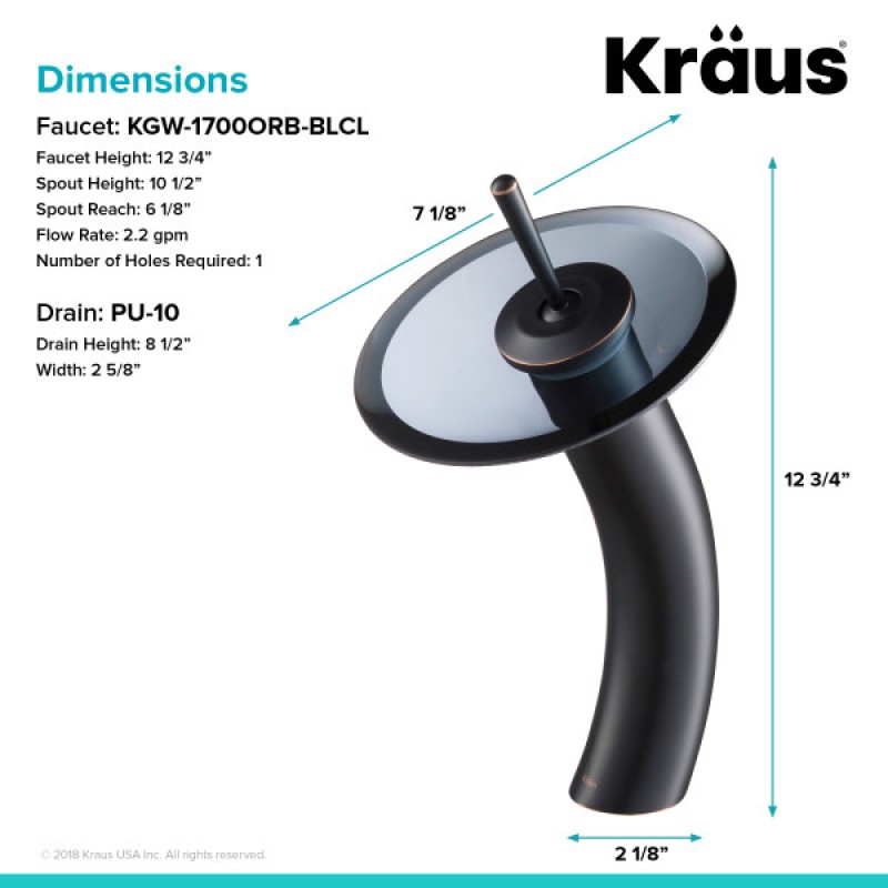 KRAUS Tall Waterfall Bathroom Faucet for Vessel Sink with Clear Black Glass Disk, Oil Rubbed Bronze Finish
