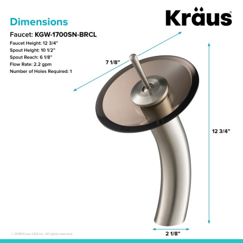 KRAUS Tall Waterfall Bathroom Faucet for Vessel Sink with Clear Brown Glass Disk, Satin Nickel Finish