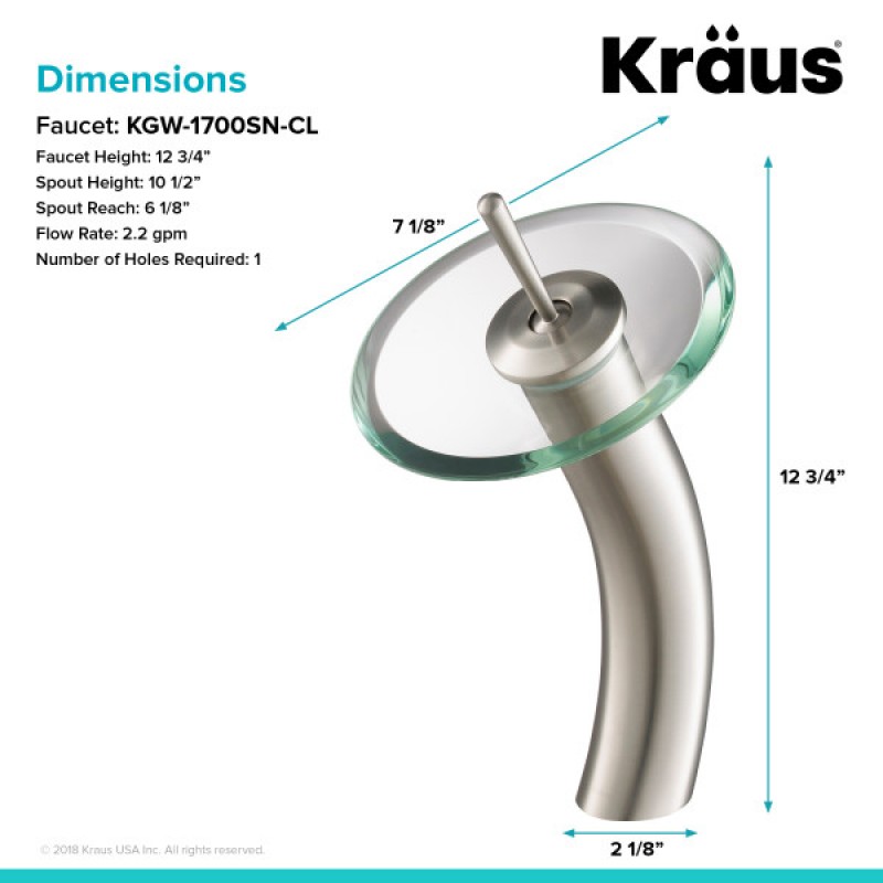 KRAUS Tall Waterfall Bathroom Faucet for Vessel Sink with Clear Glass Disk, Satin Nickel Finish
