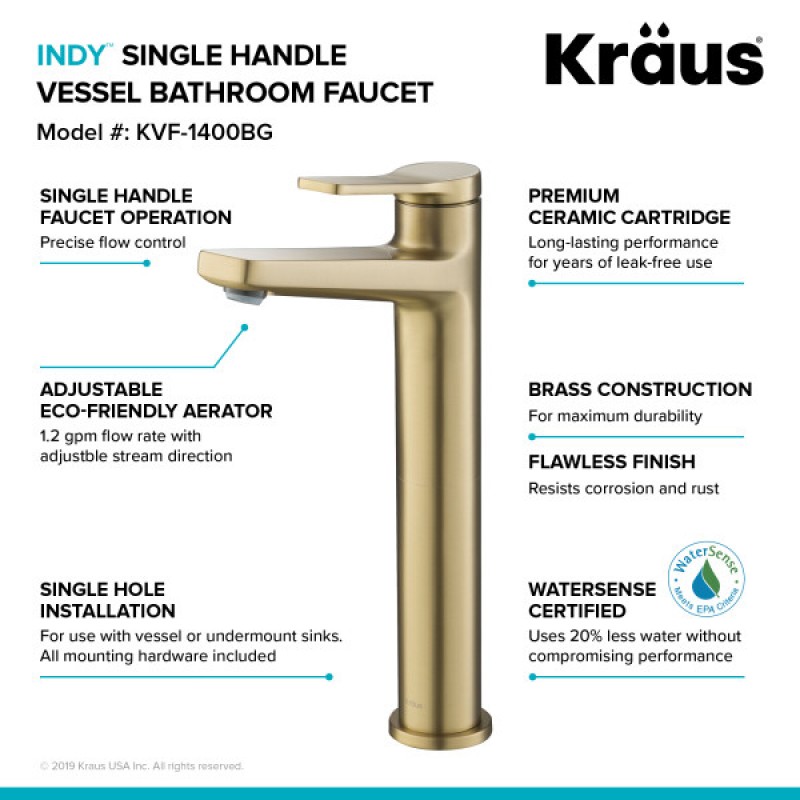 Indy™ Single Handle Vessel Bathroom Faucet in Brushed Gold