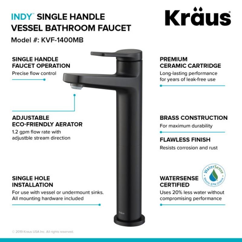 Indy™ Single Handle Vessel Bathroom Faucet and Pop Up Drain in Matte Black
