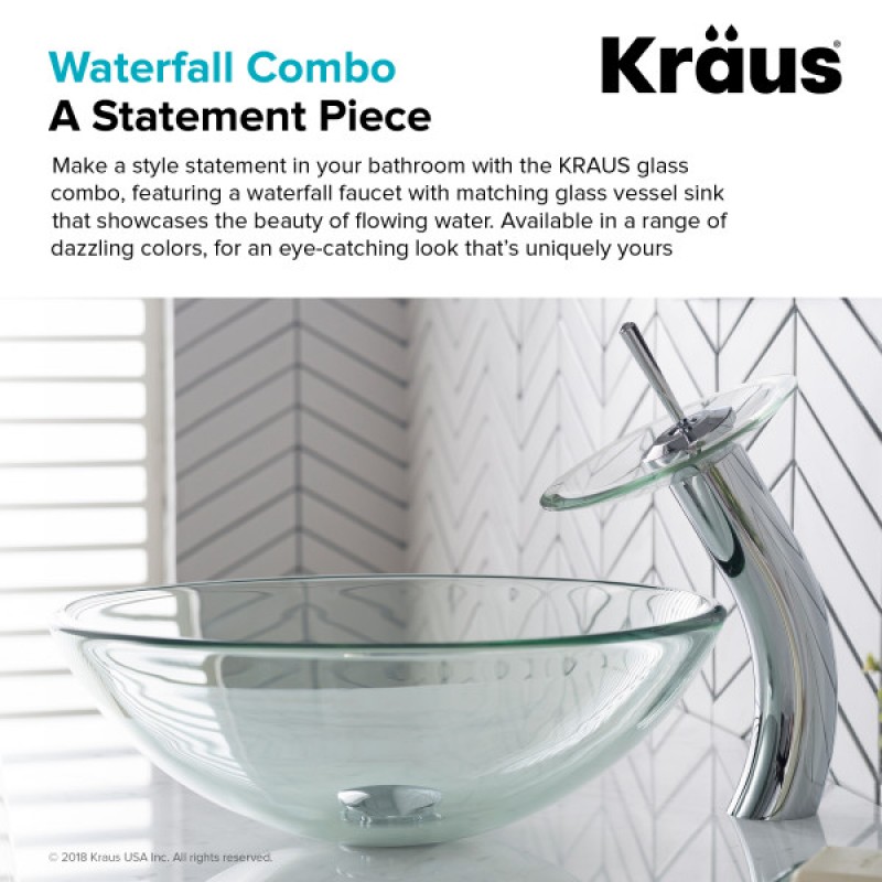 KRAUS Clear Glass Bathroom Vessel Sink and Waterfall Faucet Combo Set with Matching Disk and Pop-Up Drain, Chrome Finish