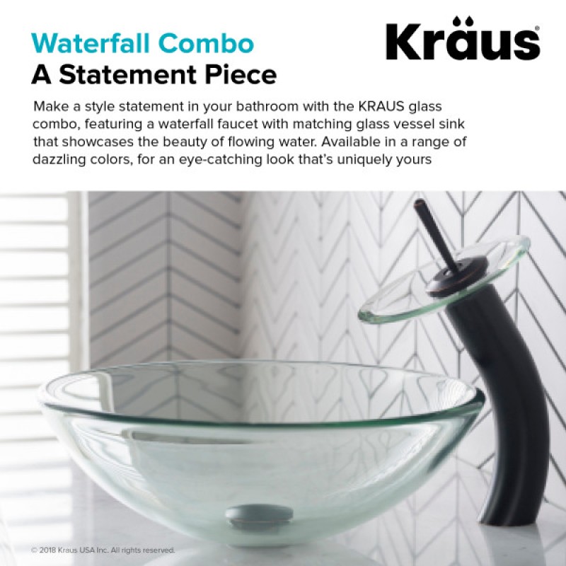 KRAUS Clear Glass Bathroom Vessel Sink and Waterfall Faucet Combo Set with Matching Disk and Pop-Up Drain, Oil Rubbed Bronze Finish