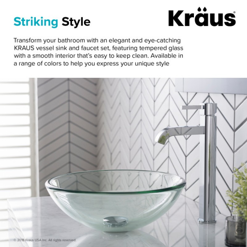 KRAUS 14-inch Clear Glass Bathroom Vessel Sink and Ramus™ Faucet Combo Set with Pop-Up Drain, Chrome Finish