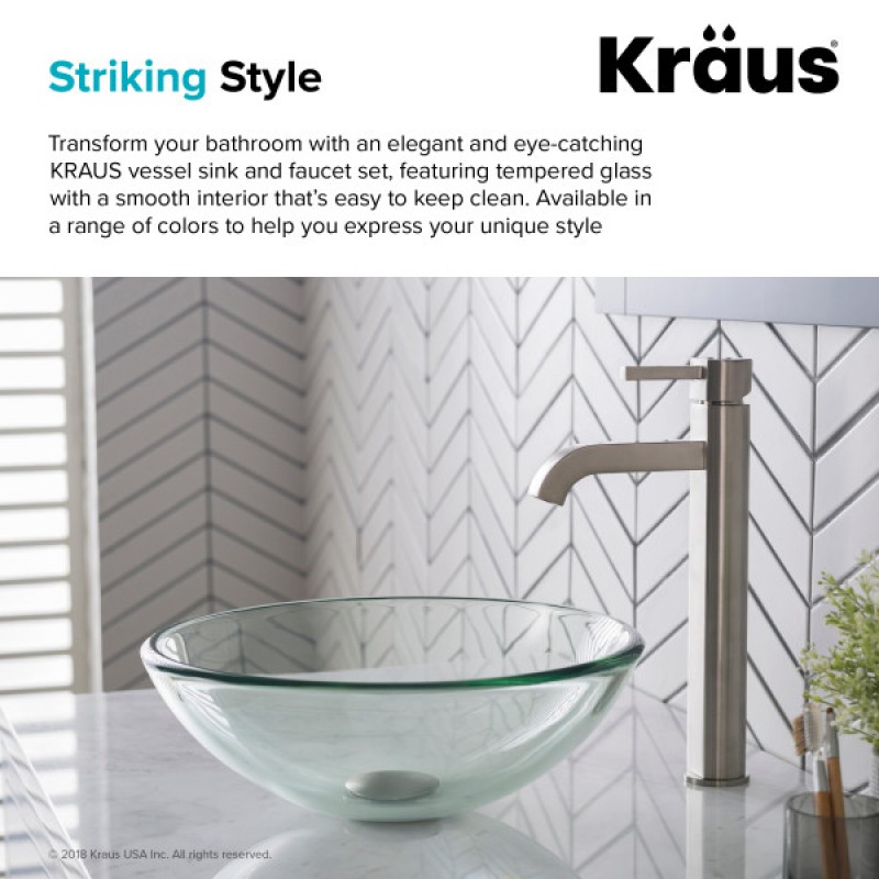 KRAUS 14-inch Clear Glass Bathroom Vessel Sink and Ramus™ Faucet Combo Set with Pop-Up Drain, Satin Nickel Finish
