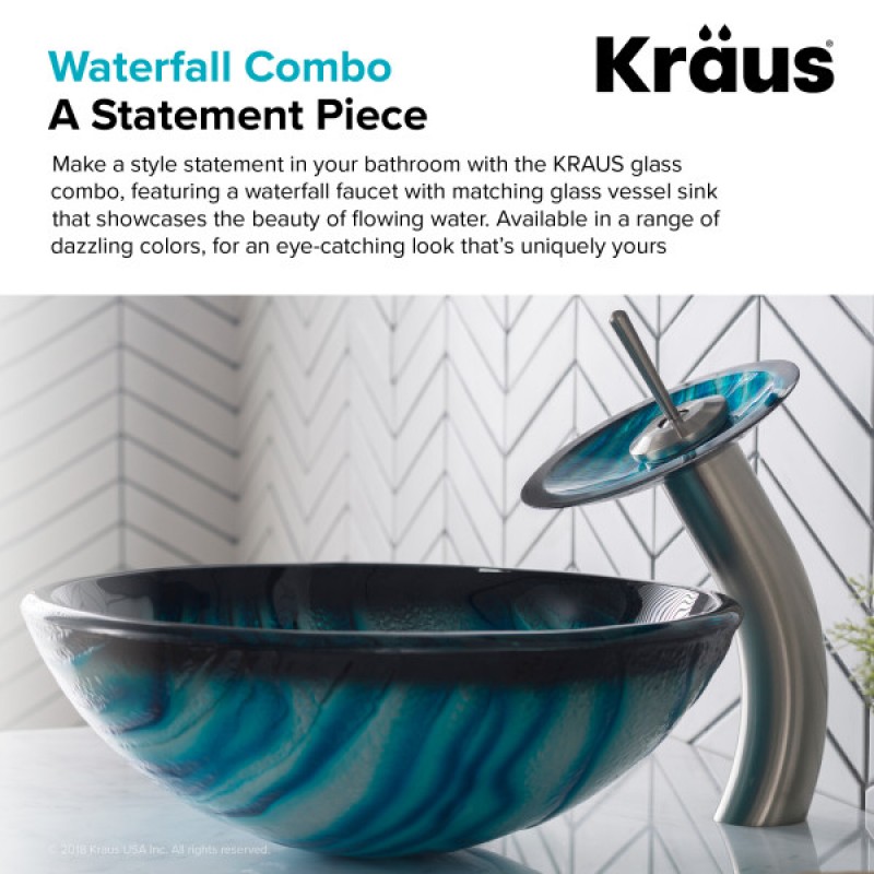 AUS Nature Series™ Blue Glass Bathroom Vessel Sink and Waterfall Faucet Combo Set with Matching Disk and Pop-Up Drain, Satin Nickel Finish