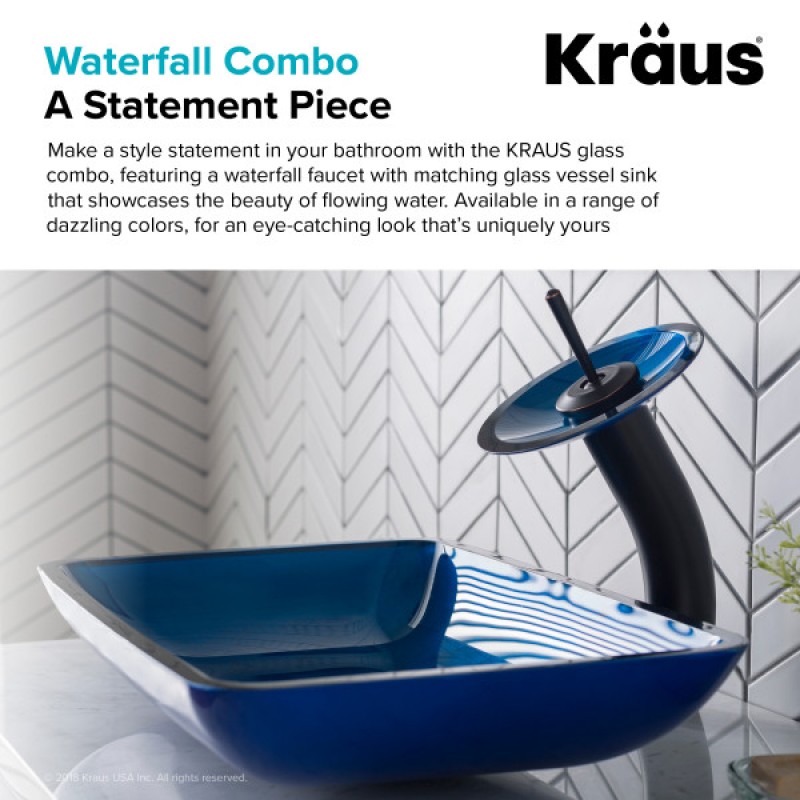 KRAUS Rectangular Blue Glass Bathroom Vessel Sink and Waterfall Faucet Combo Set with Matching Disk and Pop-Up Drain, Oil Rubbed Bronze Finish