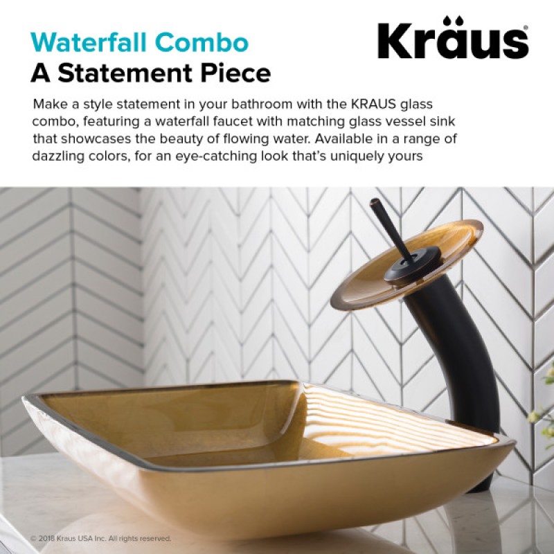 KRAUS Rectangular Gold Glass Bathroom Vessel Sink and Waterfall Faucet Combo Set with Matching Disk and Pop-Up Drain, Oil Rubbed Bronze Finish