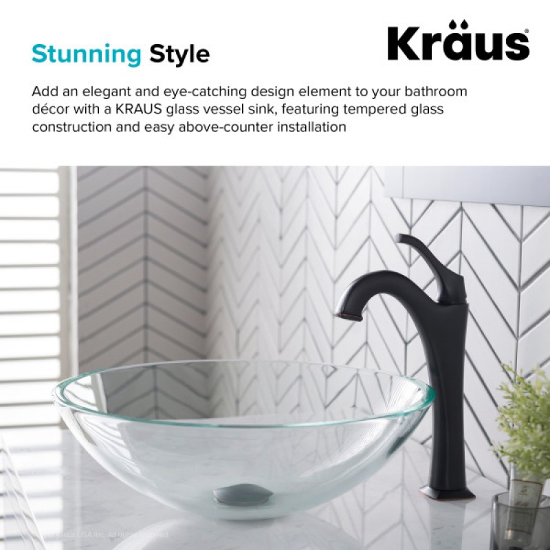 KRAUS Round Crystal Clear Glass Vessel Bathroom Sink, 16 1/2 inch