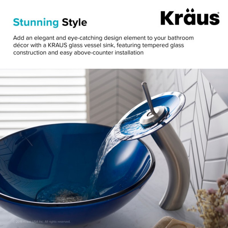 KRAUS Round Blue Glass Vessel Bathroom Sink, 16 1/2 inch