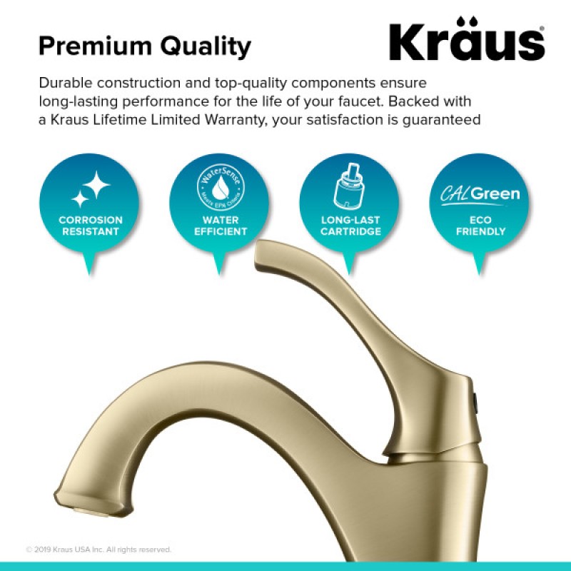 KRAUS Arlo™ Brushed Gold Basin Bathroom Faucet with Lift Rod Drain and Deck Plate