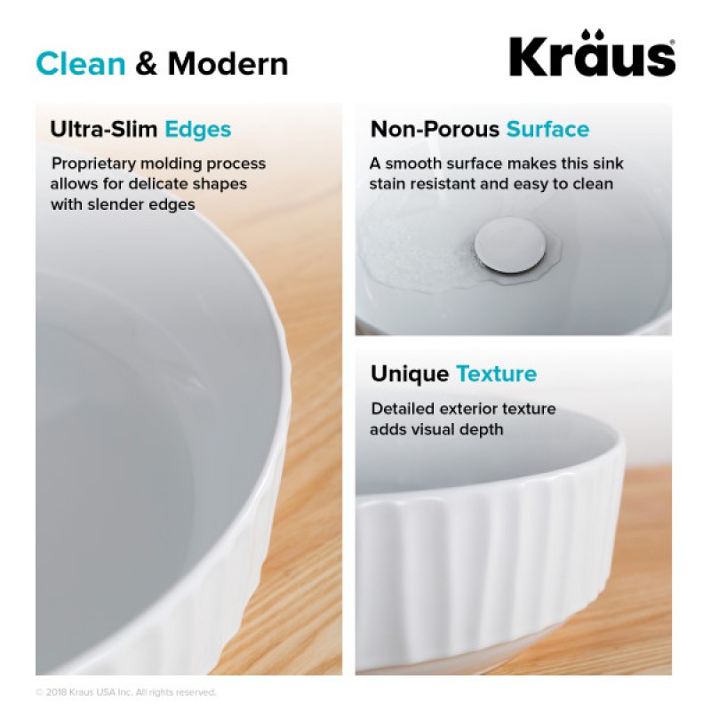 KRAUS Viva™ Round White Porcelain Ceramic Vessel Bathroom Sink, 15 3/4 in. D x 4 3/4 in. H