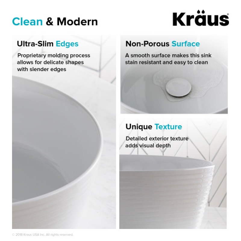 KRAUS Viva™ Round White Porcelain Ceramic Vessel Bathroom Sink with Pop-Up Drain, 15 3/4 in. D x 5 3/8 in. H