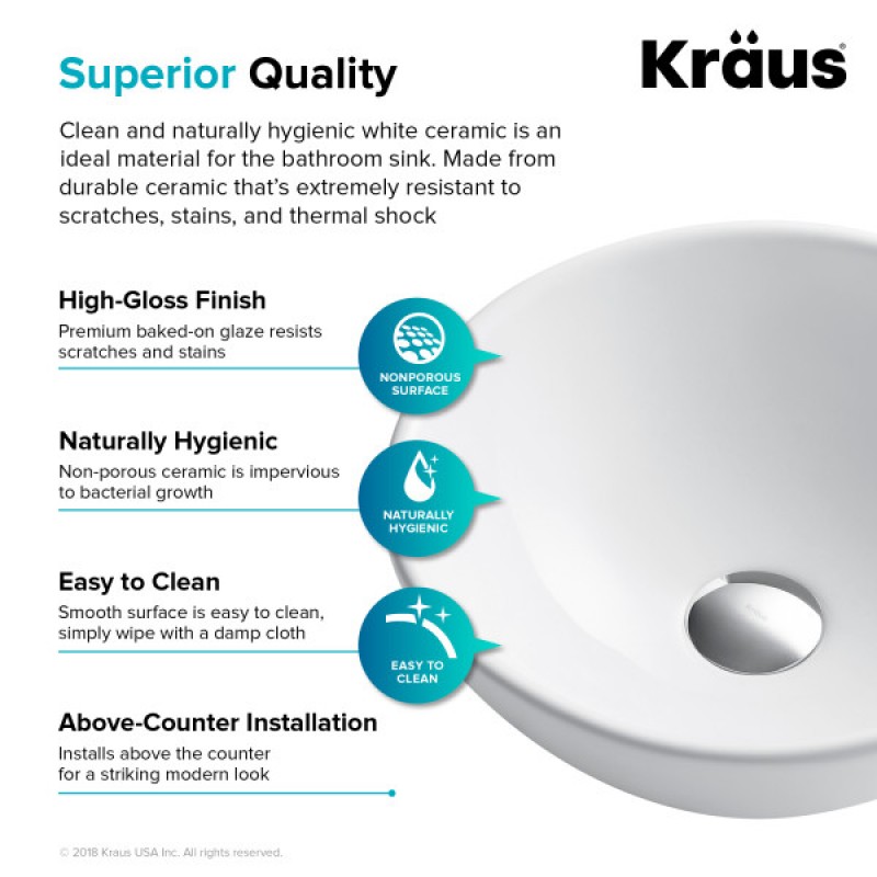 KRAUS Elavo™ Round Vessel White Porcelain Ceramic Bathroom Sink, 14 inch