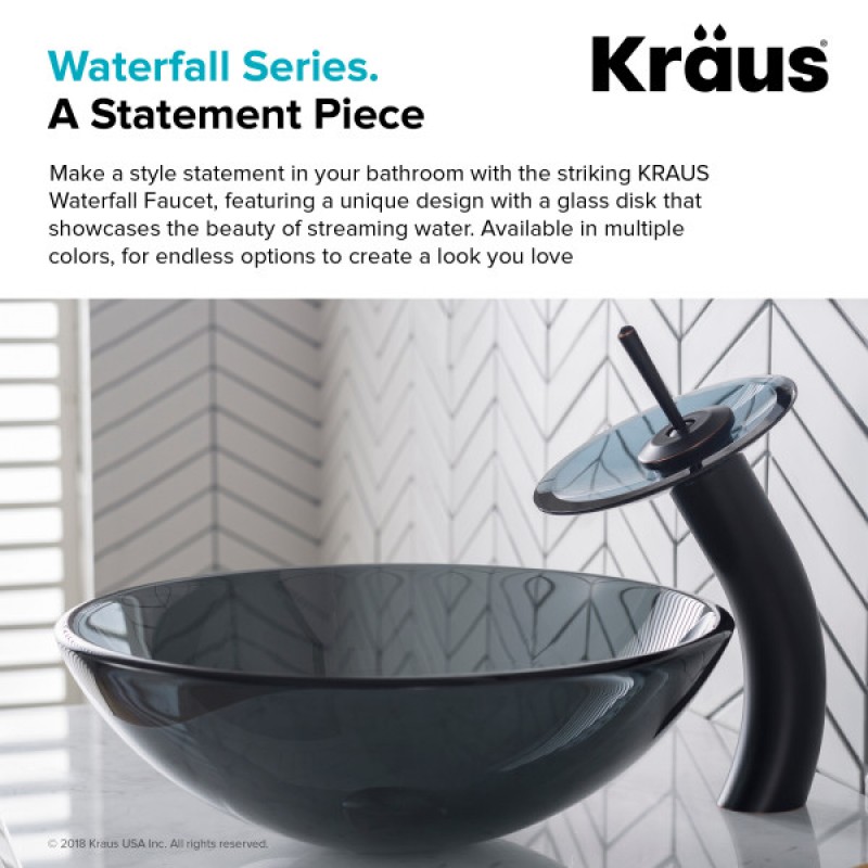 KRAUS Tall Waterfall Bathroom Faucet for Vessel Sink with Clear Black Glass Disk and Pop-Up Drain, Oil Rubbed Bronze Finish