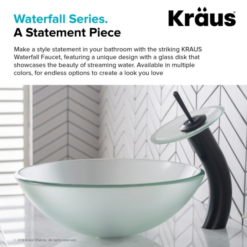 KRAUS Tall Waterfall Bathroom Faucet for Vessel Sink with Frosted Glass Disk and Pop-Up Drain, Oil Rubbed Bronze Finish