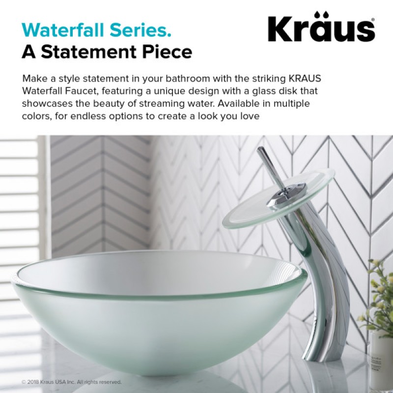 KRAUS Tall Waterfall Bathroom Faucet for Vessel Sink with Frosted Glass Disk, Chrome Finish