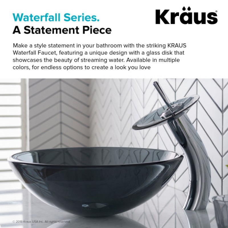KRAUS Tall Waterfall Bathroom Faucet for Vessel Sink with Clear Black Glass Disk and Pop-Up Drain, Chrome Finish