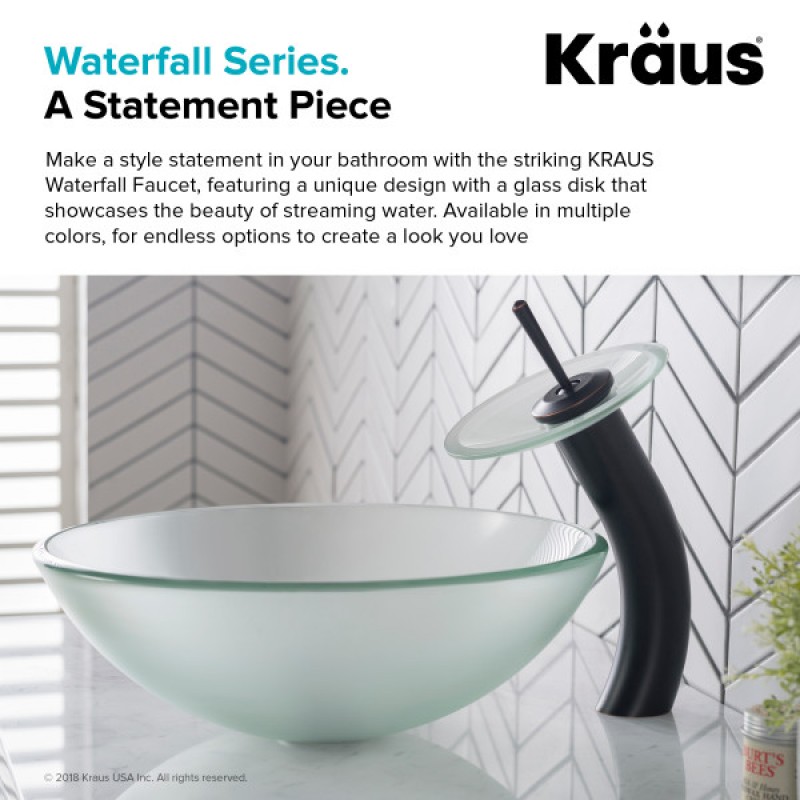 KRAUS Tall Waterfall Bathroom Faucet for Vessel Sink with Frosted Glass Disk, Oil Rubbed Bronze Finish