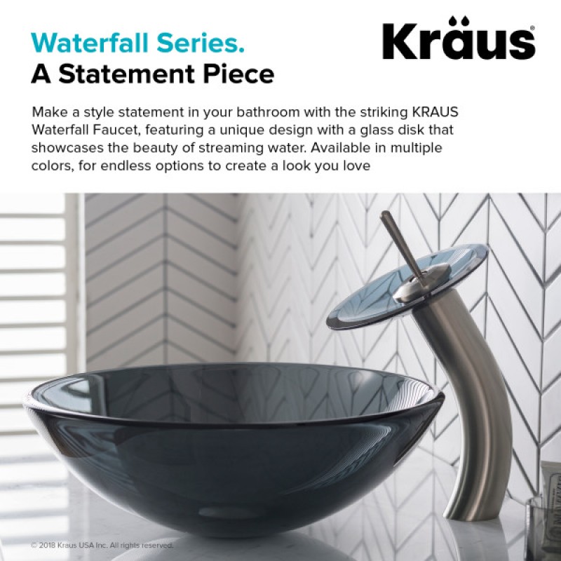 KRAUS Tall Waterfall Bathroom Faucet for Vessel Sink with Clear Black Glass Disk, Satin Nickel Finish