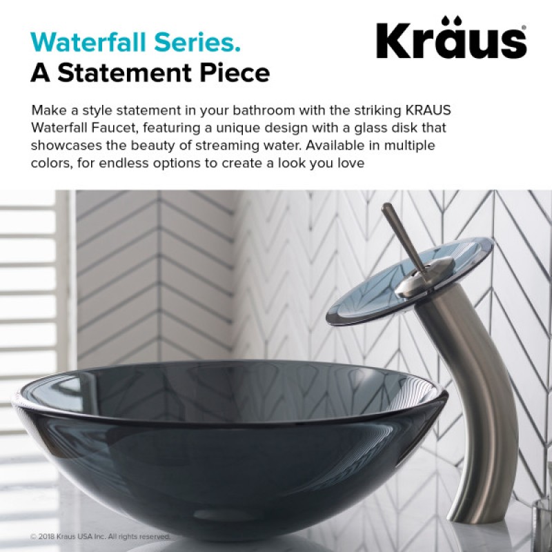 KRAUS Tall Waterfall Bathroom Faucet for Vessel Sink with Frosted Black Glass Disk, Satin Nickel Finish