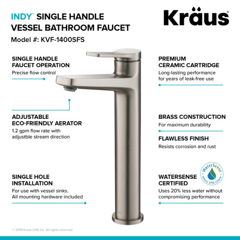 Indy™ Single Handle Vessel Bathroom Faucet in Spot Free Stainless Steel with Matching Pop-Up Drain