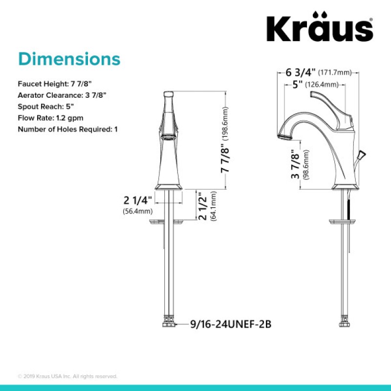 KRAUS Arlo™ Matte Black Single Handle Basin Bathroom Faucet with Lift Rod Drain and Deck Plate