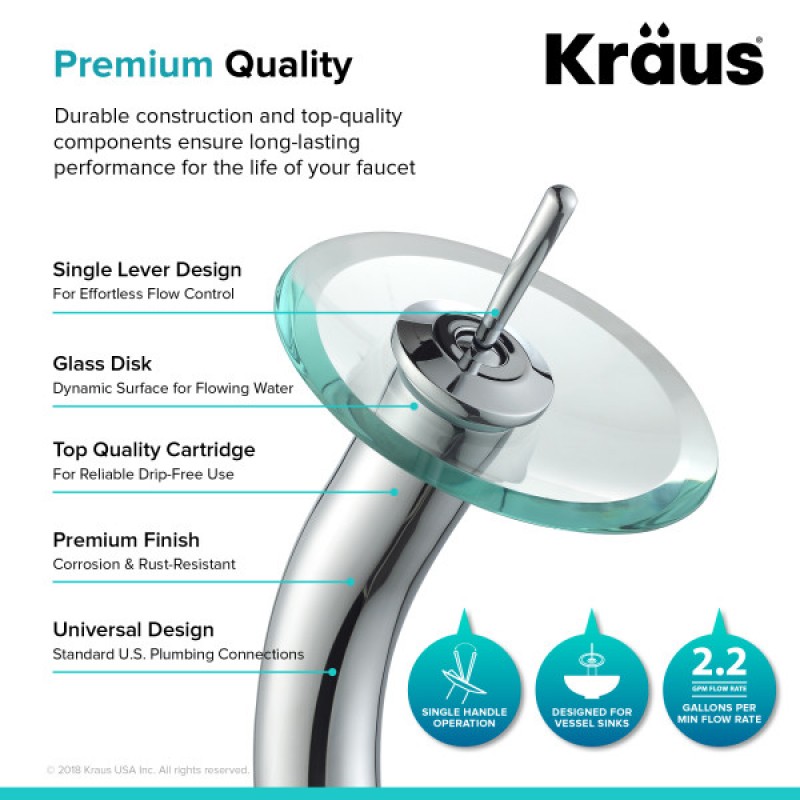 KRAUS Crystal Clear Glass Bathroom Vessel Sink and Waterfall Faucet Combo Set with Matching Disk and Pop-Up Drain, Chrome Finish