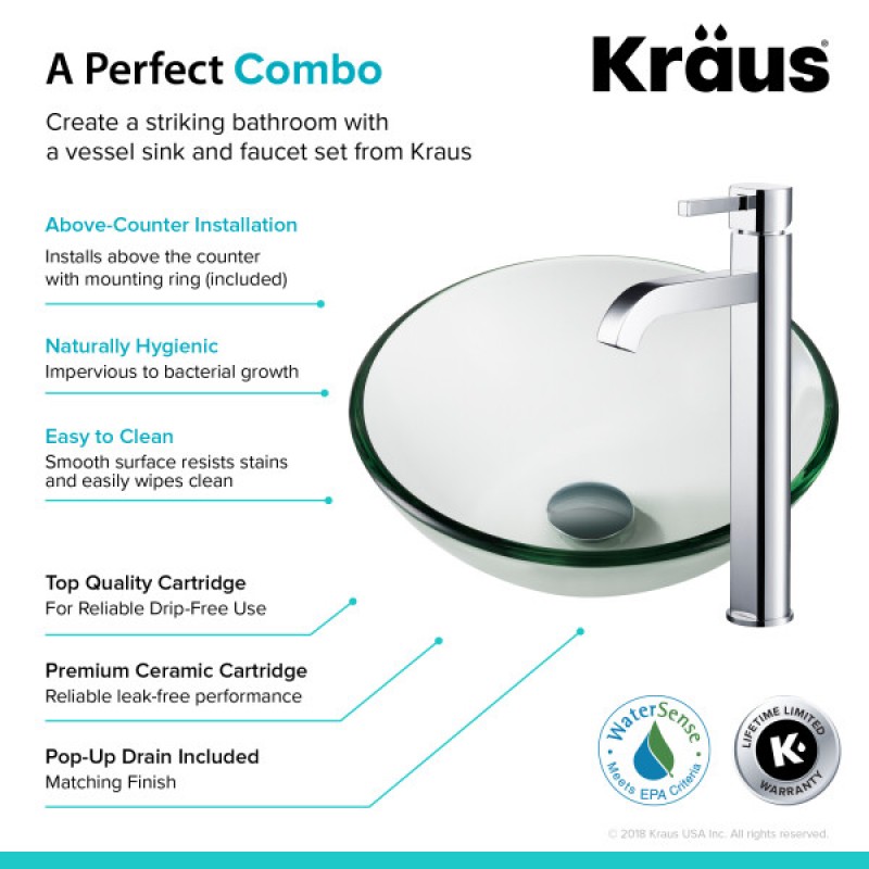 KRAUS 14-inch Clear Glass Bathroom Vessel Sink and Ramus™ Faucet Combo Set with Pop-Up Drain, Chrome Finish