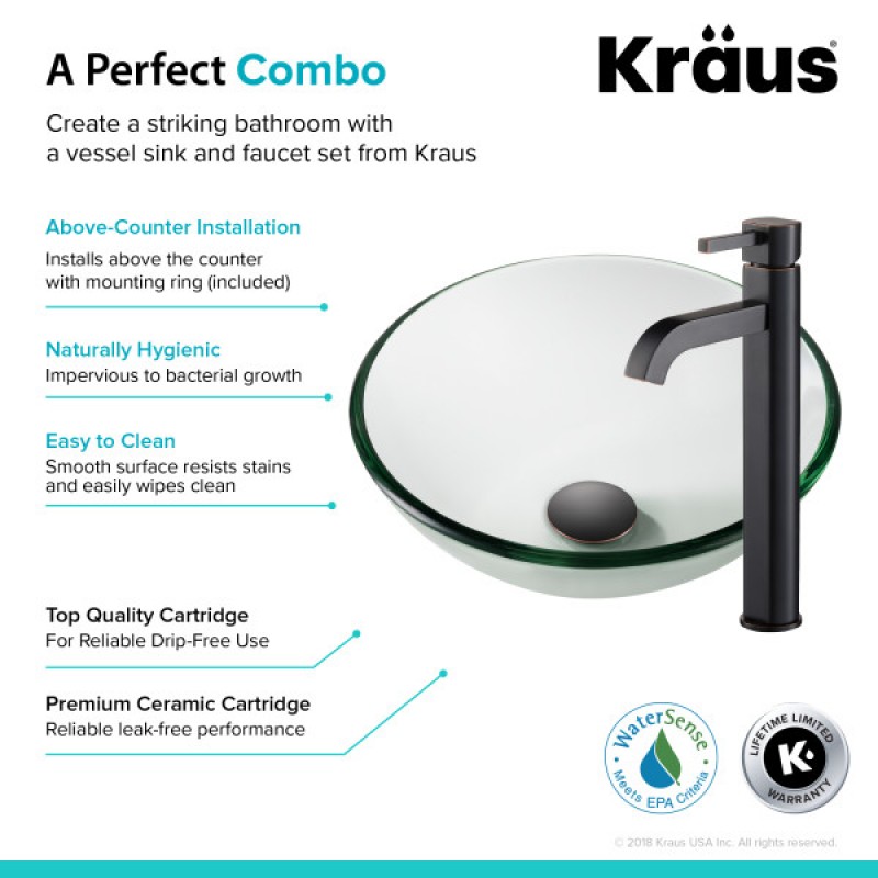 KRAUS 14-inch Clear Glass Bathroom Vessel Sink and Ramus™ Faucet Combo Set with Pop-Up Drain, Oil Rubbed Bronze Finish