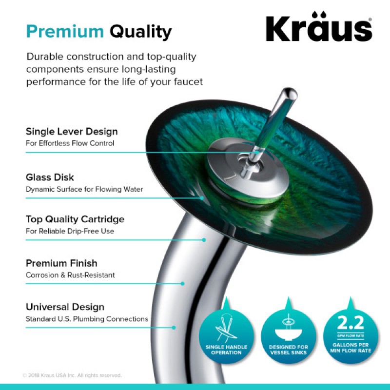 KRAUS Nature Series™ Green Glass Bathroom Vessel Sink and Waterfall Faucet Combo Set with Matching Disk and Pop-Up Drain, Chrome Finish