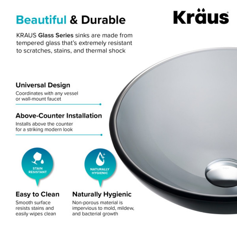 KRAUS Round Clear Black Glass Vessel Bathroom Sink, 16 1/2 inch