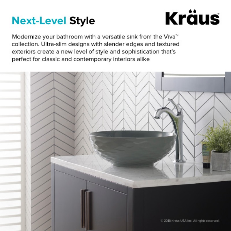 KRAUS Viva™ Round Gray Porcelain Ceramic Vessel Bathroom Sink, 16 1/2 in. D x 5 1/2 in. H