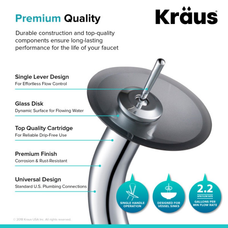 KRAUS Tall Waterfall Bathroom Faucet for Vessel Sink with Frosted Black Glass Disk and Pop-Up Drain, Chrome Finish