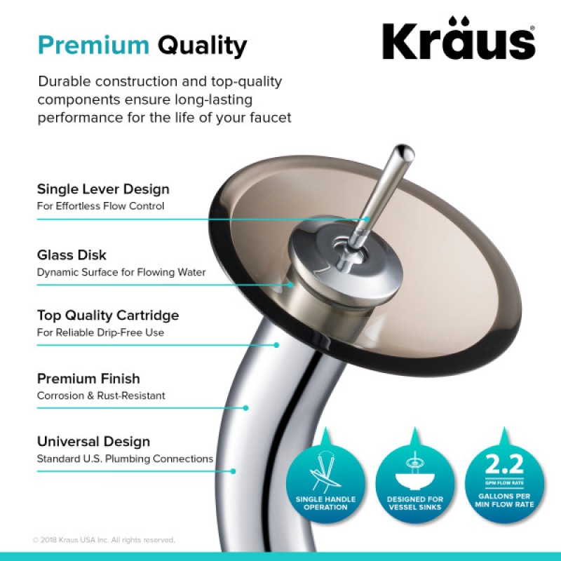 KRAUS Tall Waterfall Bathroom Faucet for Vessel Sink with Clear Brown Glass Disk and Pop-Up Drain, Chrome Finish