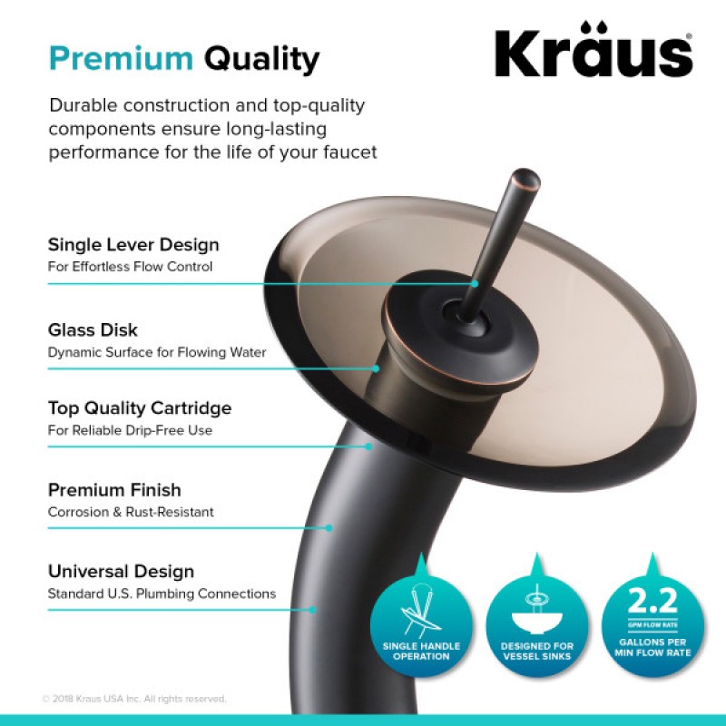 KRAUS Tall Waterfall Bathroom Faucet for Vessel Sink with Clear Brown Glass Disk and Pop-Up Drain, Oil Rubbed Bronze Finish