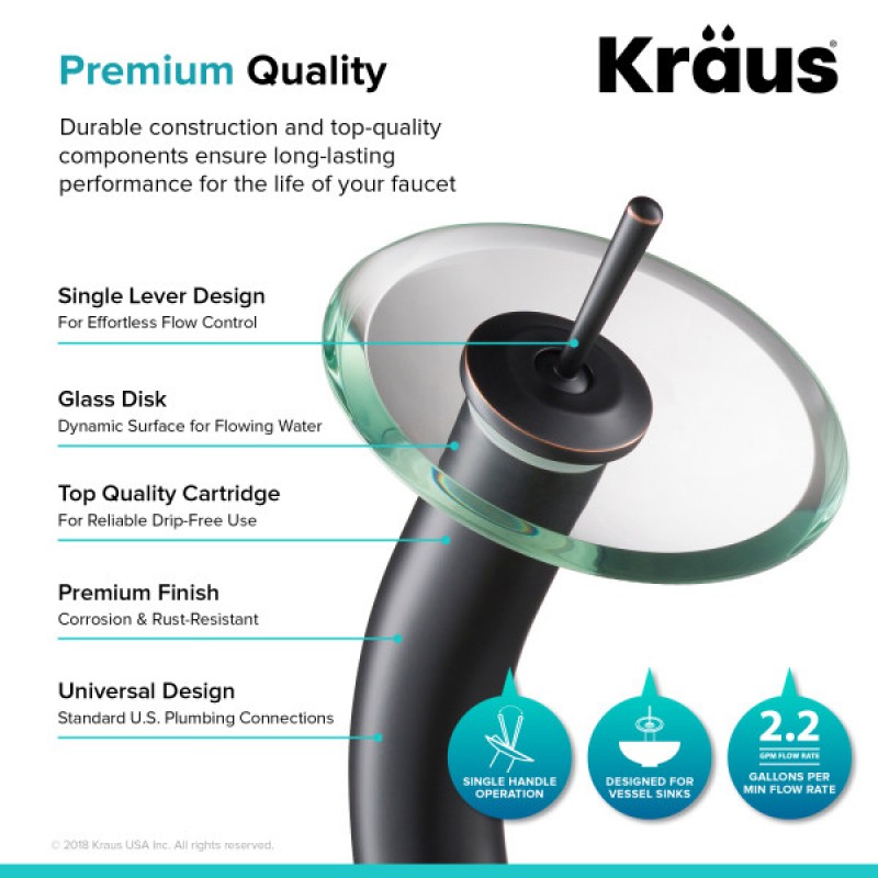 KRAUS Tall Waterfall Bathroom Faucet for Vessel Sink with Clear Glass Disk and Pop-Up Drain, Oil Rubbed Bronze Finish