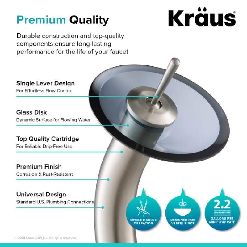 KRAUS Tall Waterfall Bathroom Faucet for Vessel Sink with Clear Black Glass Disk and Pop-Up Drain, Satin Nickel Finish