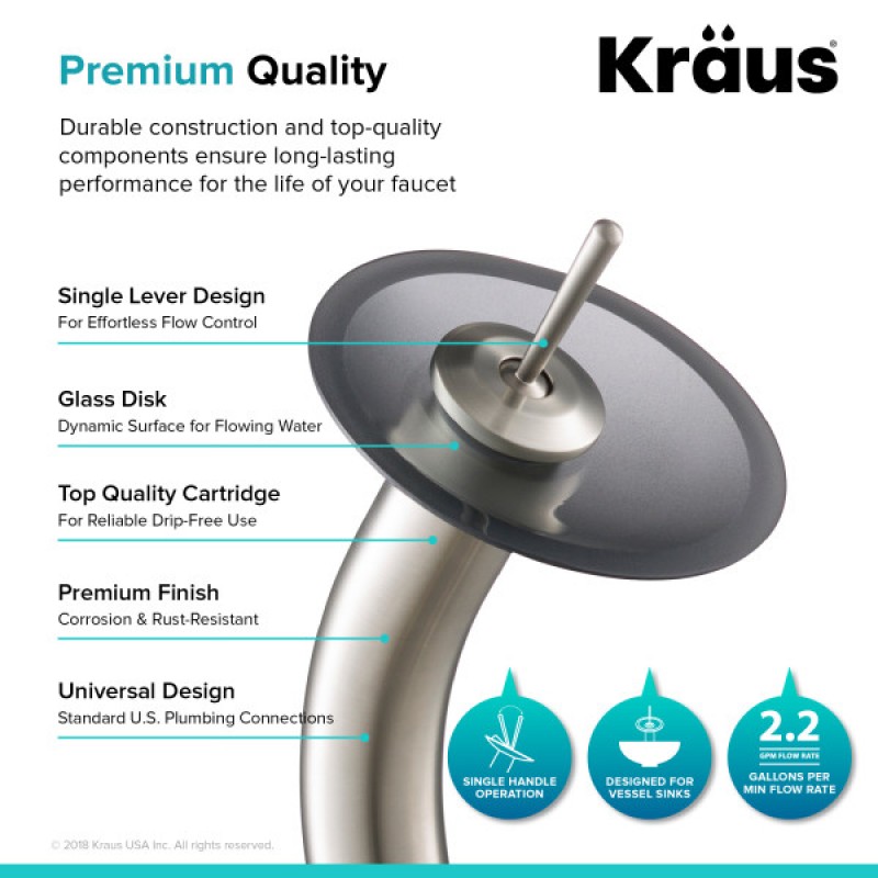 KRAUS Tall Waterfall Bathroom Faucet for Vessel Sink with Frosted Black Glass Disk and Pop-Up Drain, Satin Nickel Finish