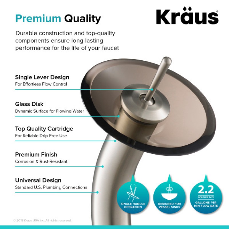 KRAUS Tall Waterfall Bathroom Faucet for Vessel Sink with Clear Brown Glass Disk and Pop-Up Drain, Satin Nickel Finish