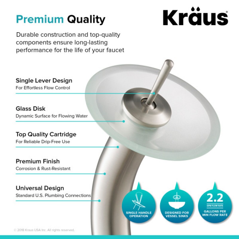 KRAUS Tall Waterfall Bathroom Faucet for Vessel Sink with Frosted Glass Disk and Pop-Up Drain, Satin Nickel Finish