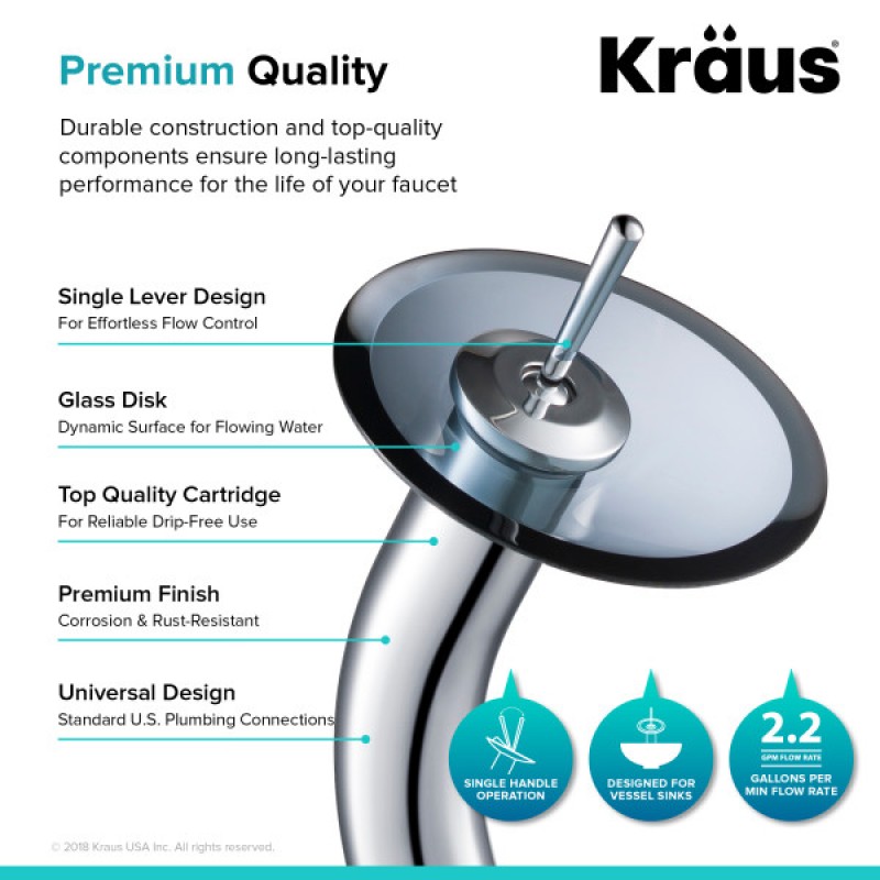 KRAUS Tall Waterfall Bathroom Faucet for Vessel Sink with Clear Black Glass Disk, Chrome Finish