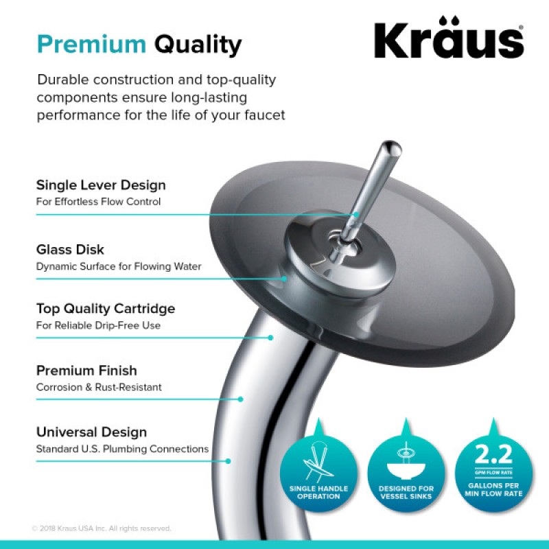 KRAUS Tall Waterfall Bathroom Faucet for Vessel Sink with Frosted Black Glass Disk, Chrome Finish