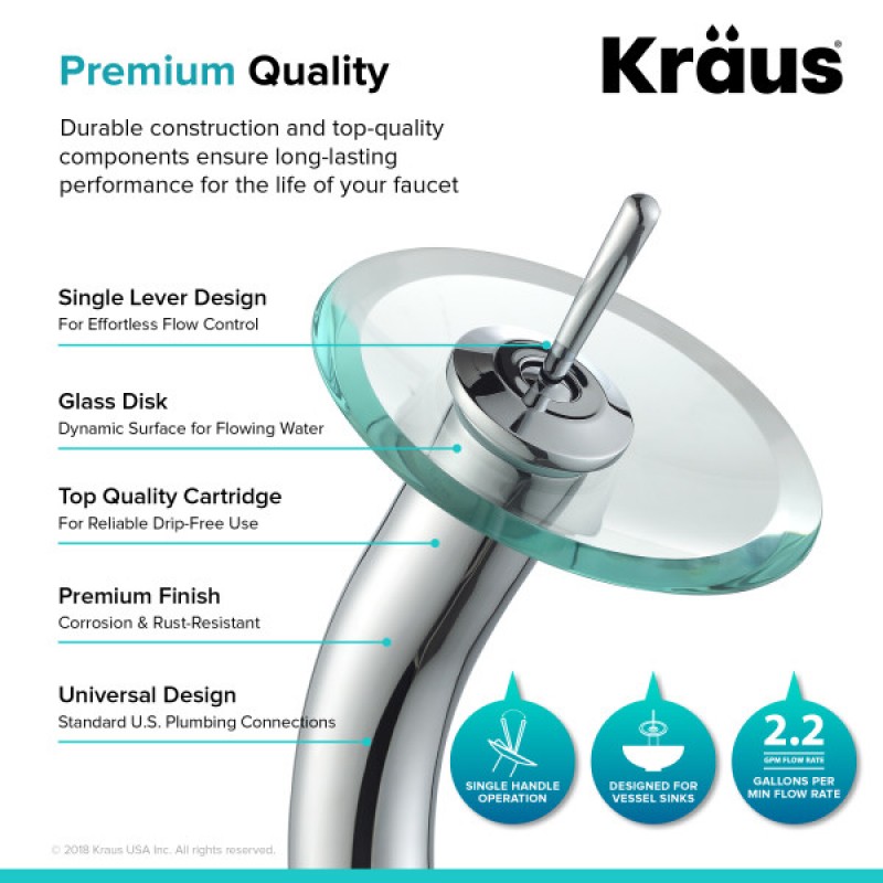 KRAUS Tall Waterfall Bathroom Faucet for Vessel Sink with Clear Glass Disk, Chrome Finish