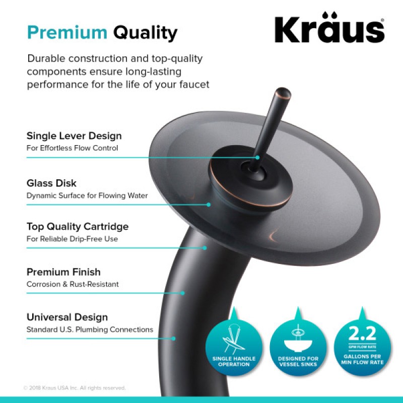KRAUS Tall Waterfall Bathroom Faucet for Vessel Sink with Frosted Black Glass Disk, Oil Rubbed Bronze Finish