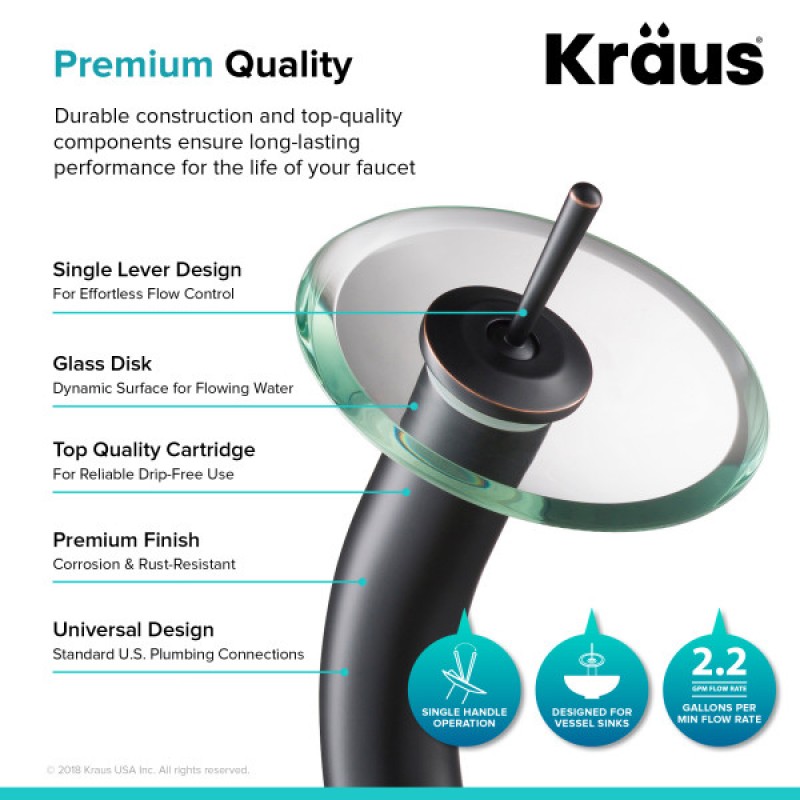 KRAUS Tall Waterfall Bathroom Faucet for Vessel Sink with Clear Glass Disk, Oil Rubbed Bronze Finish